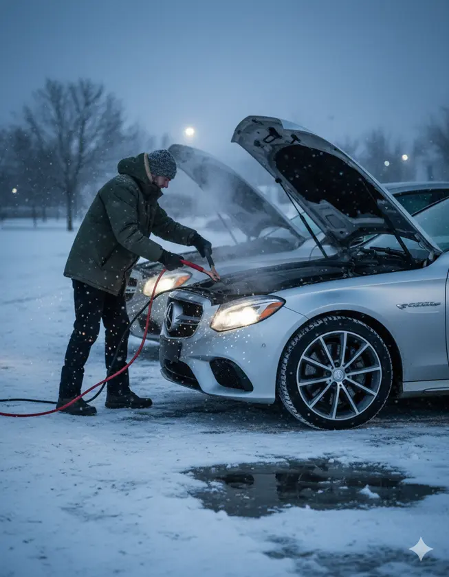 Car being jump started in winter